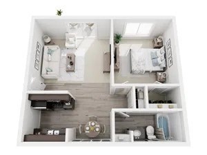 A white dollhouse with a kitchen, living room, and bedroom.